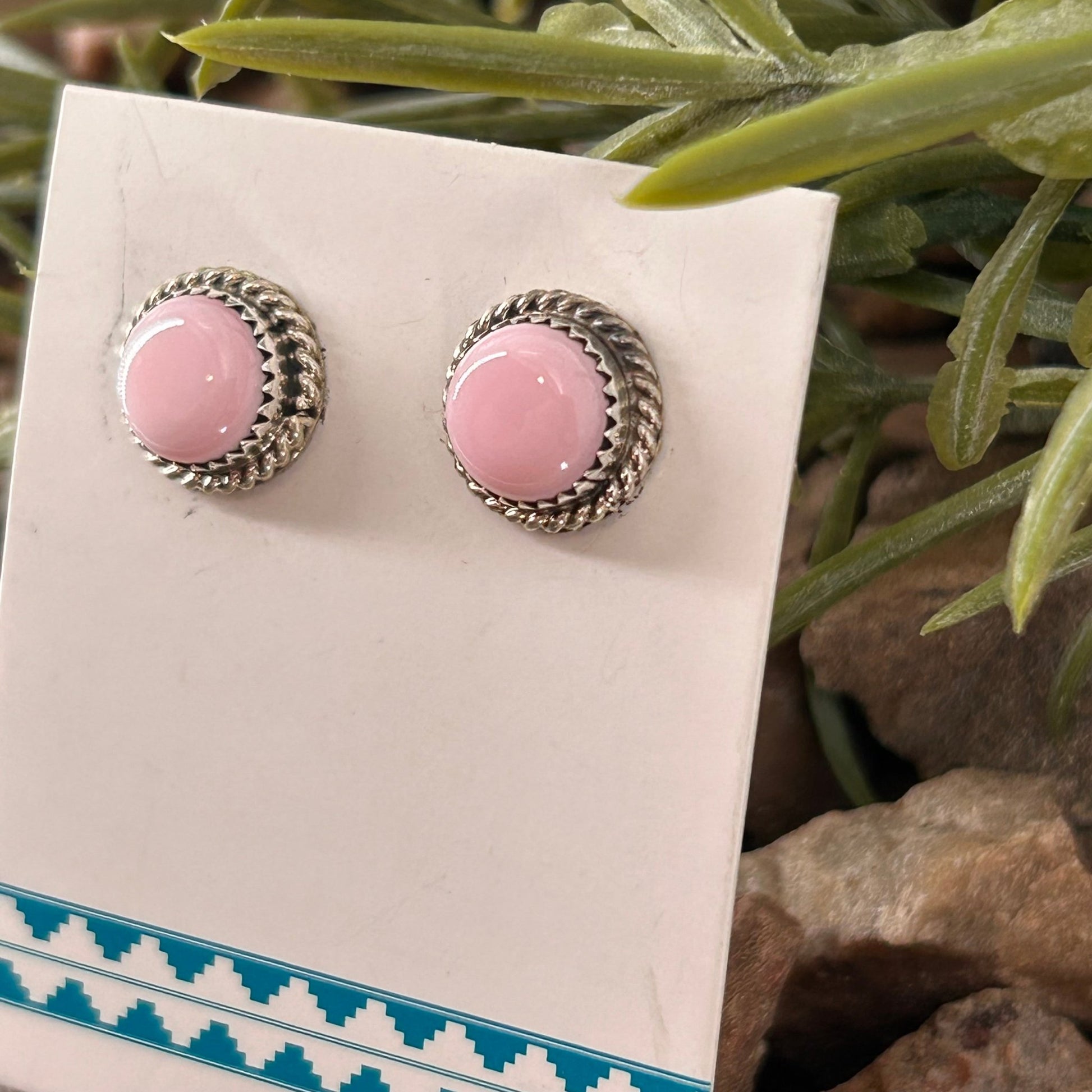 Navajo Sterling Pink Conch Round Button Stud Earrings - Esther White - Turquoise Sunset!