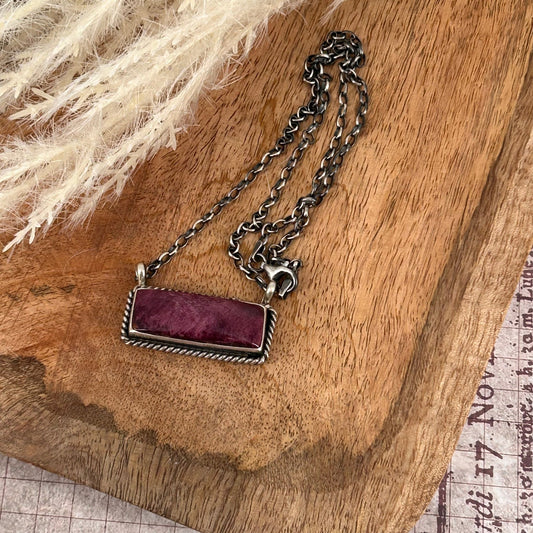 Navajo Sterling Purple Spiny Oyster 1.25" Bar Necklace - Johnny Dixon - Turquoise Sunset!