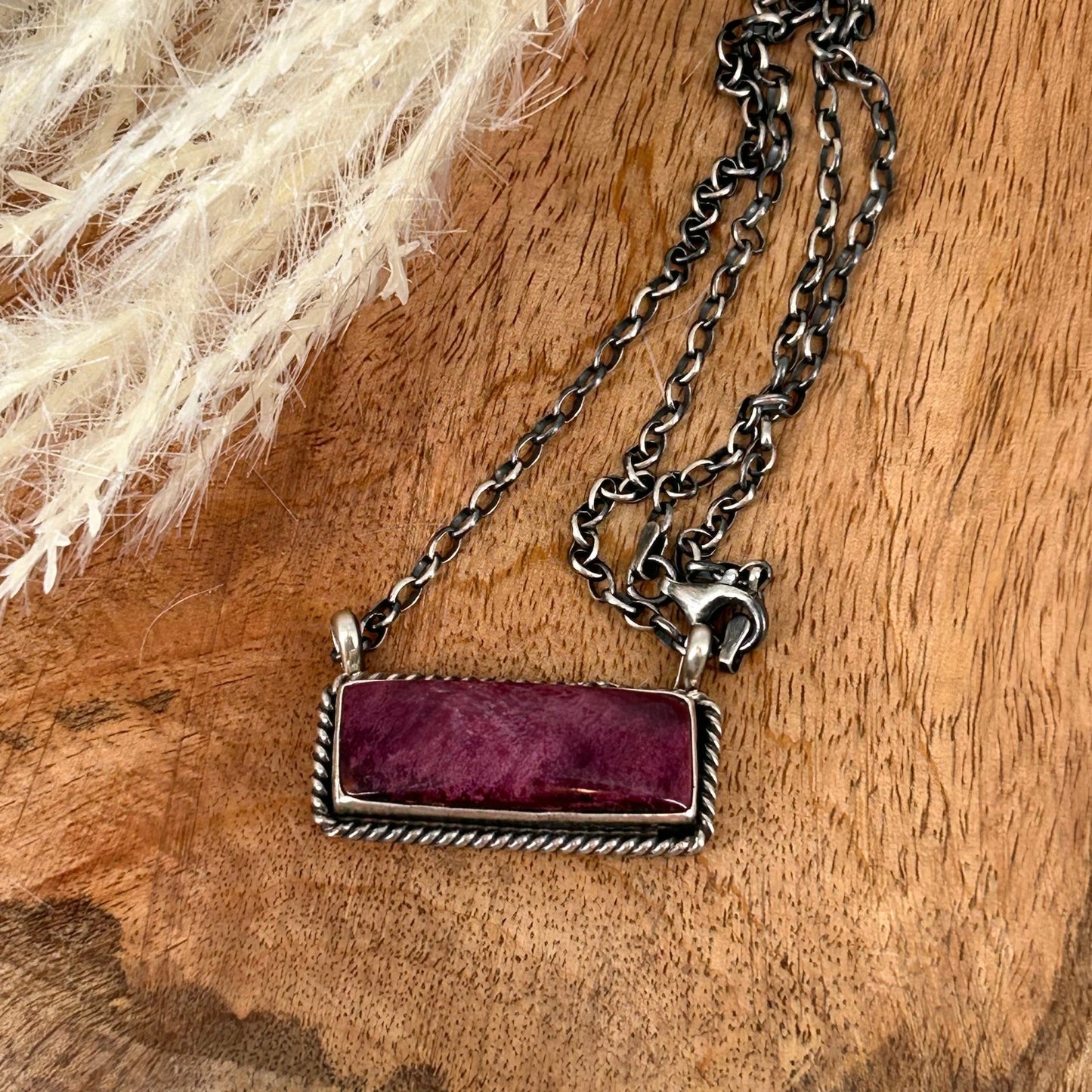 Navajo Sterling Purple Spiny Oyster 1.25" Bar Necklace - Necklace - Johnny Dixon - Turquoise Sunset!