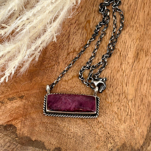 Navajo Sterling Purple Spiny Oyster 1.25" Bar Necklace - Johnny Dixon - Turquoise Sunset!