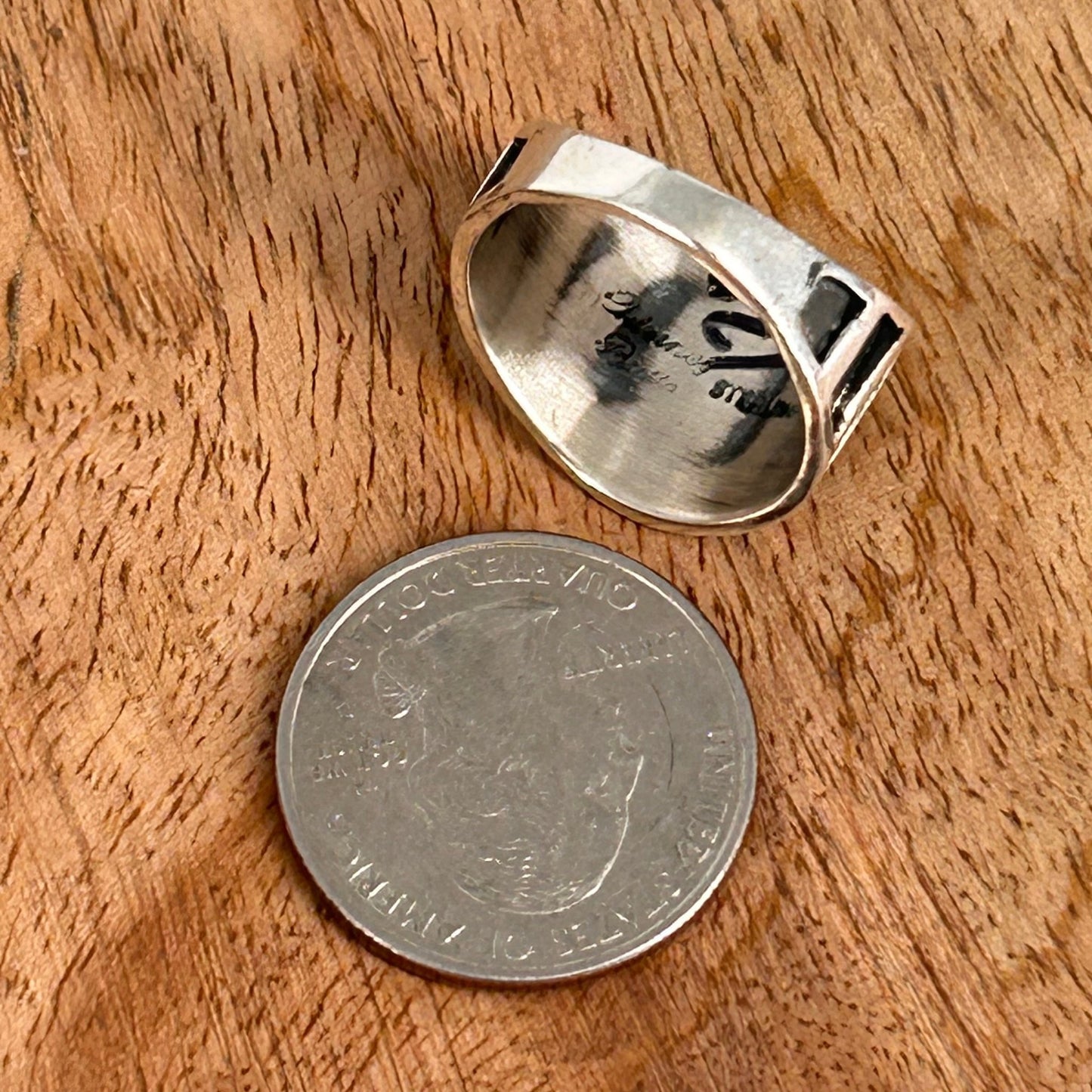 Navajo Sterling Silver & Black Stamped Design Ring 8 3/4 - Stamped - Turquoise Sunset!