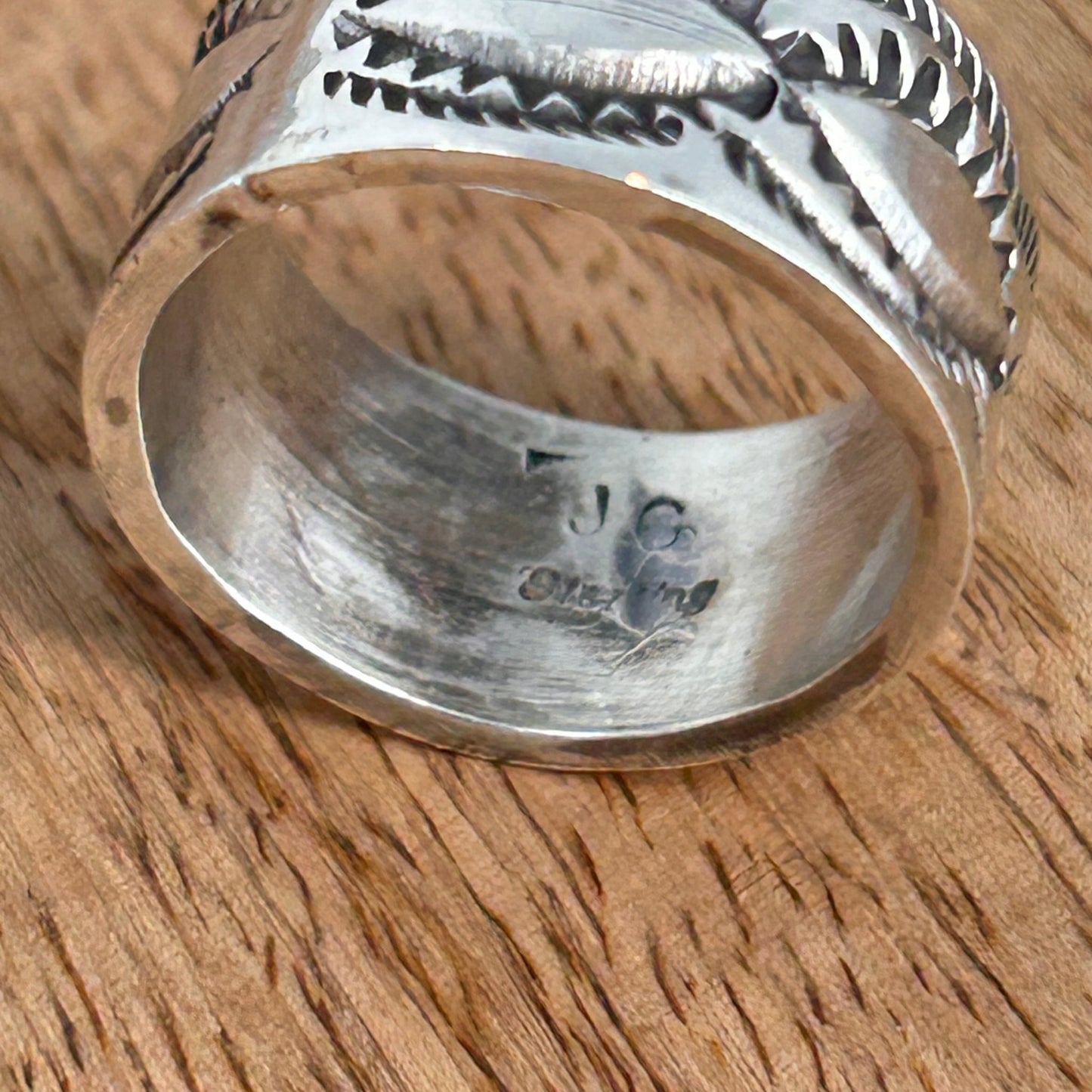 Navajo Sterling Silver & Black Stamped Design Ring 8.5 - Stamped - Turquoise Sunset!