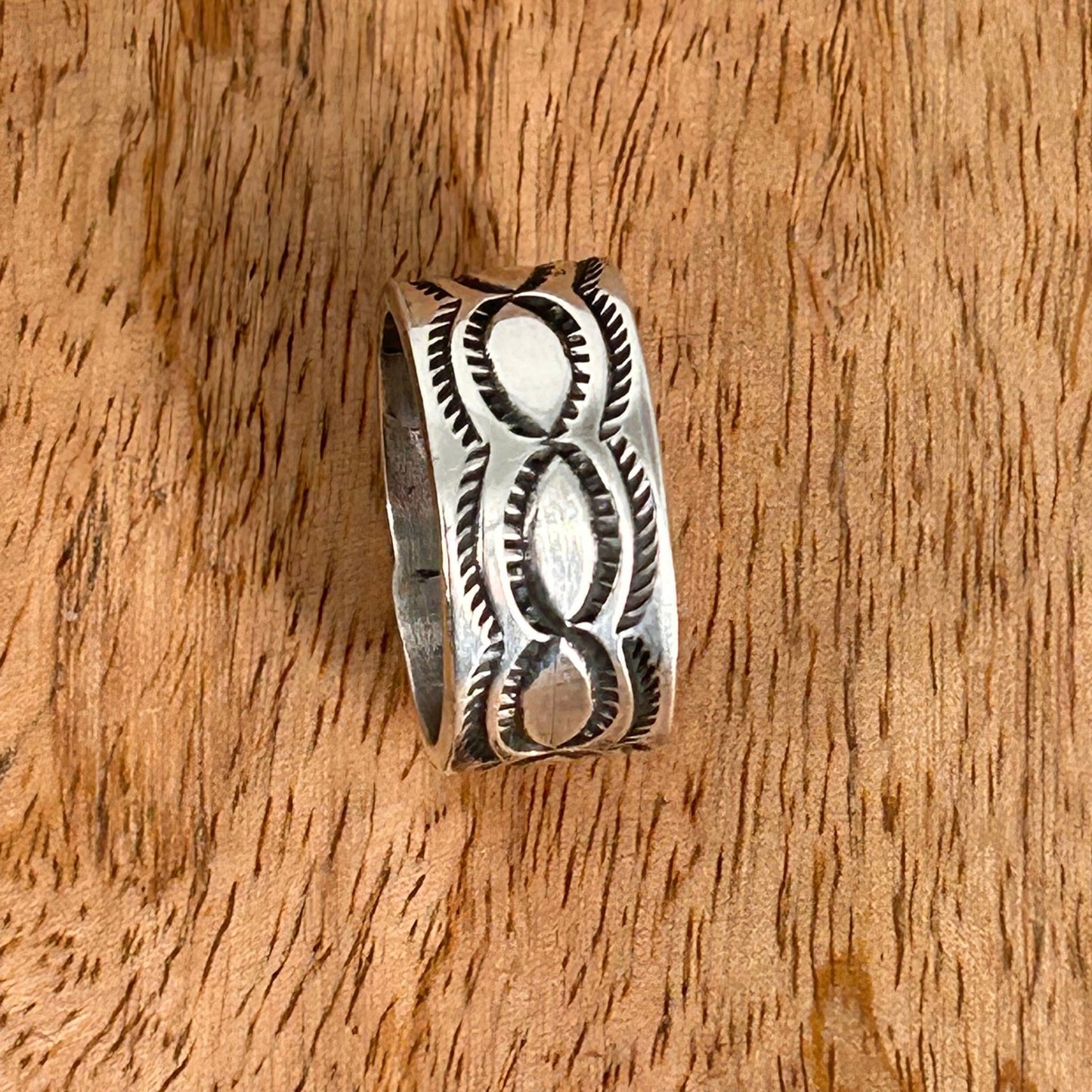 Navajo Sterling Silver & Black Stamped Design Ring 9 - Stamped - Turquoise Sunset!