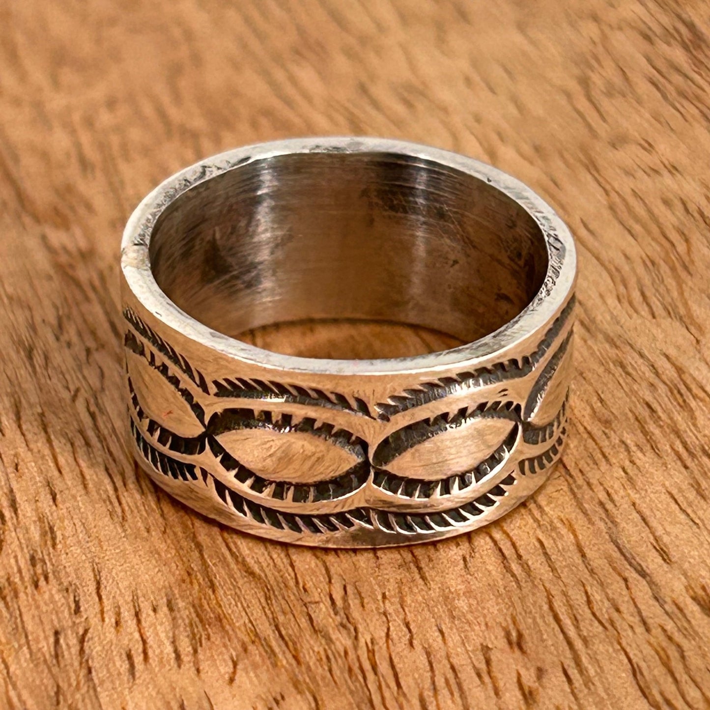 Navajo Sterling Silver & Black Stamped Design Ring 9 - Stamped - Turquoise Sunset!