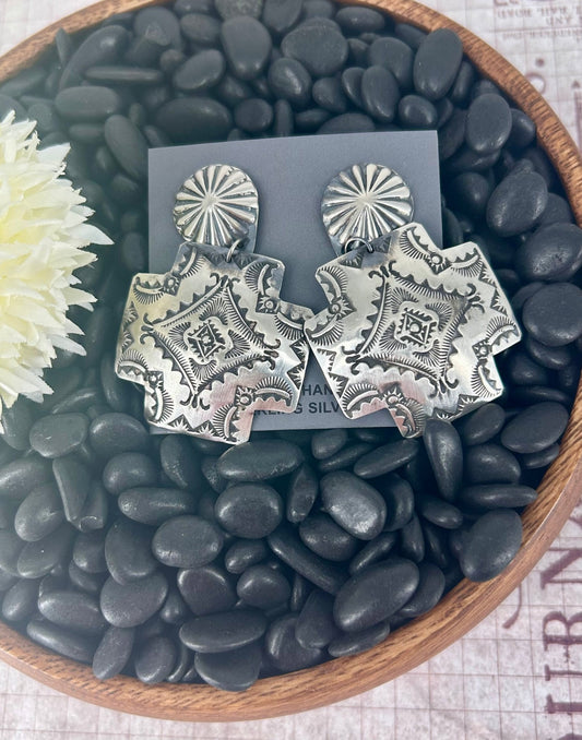 Navajo Sterling Silver Stamped Dangle Earrings - Vince Platero - Turquoise Sunset!