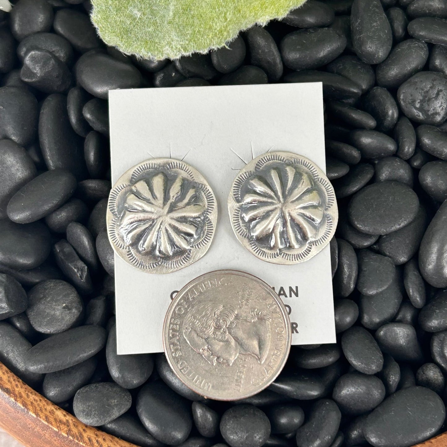 Navajo Sterling Silver Stamped Turtle Shell Design Earrings - Earrings - Joan Begay - Turquoise Sunset!