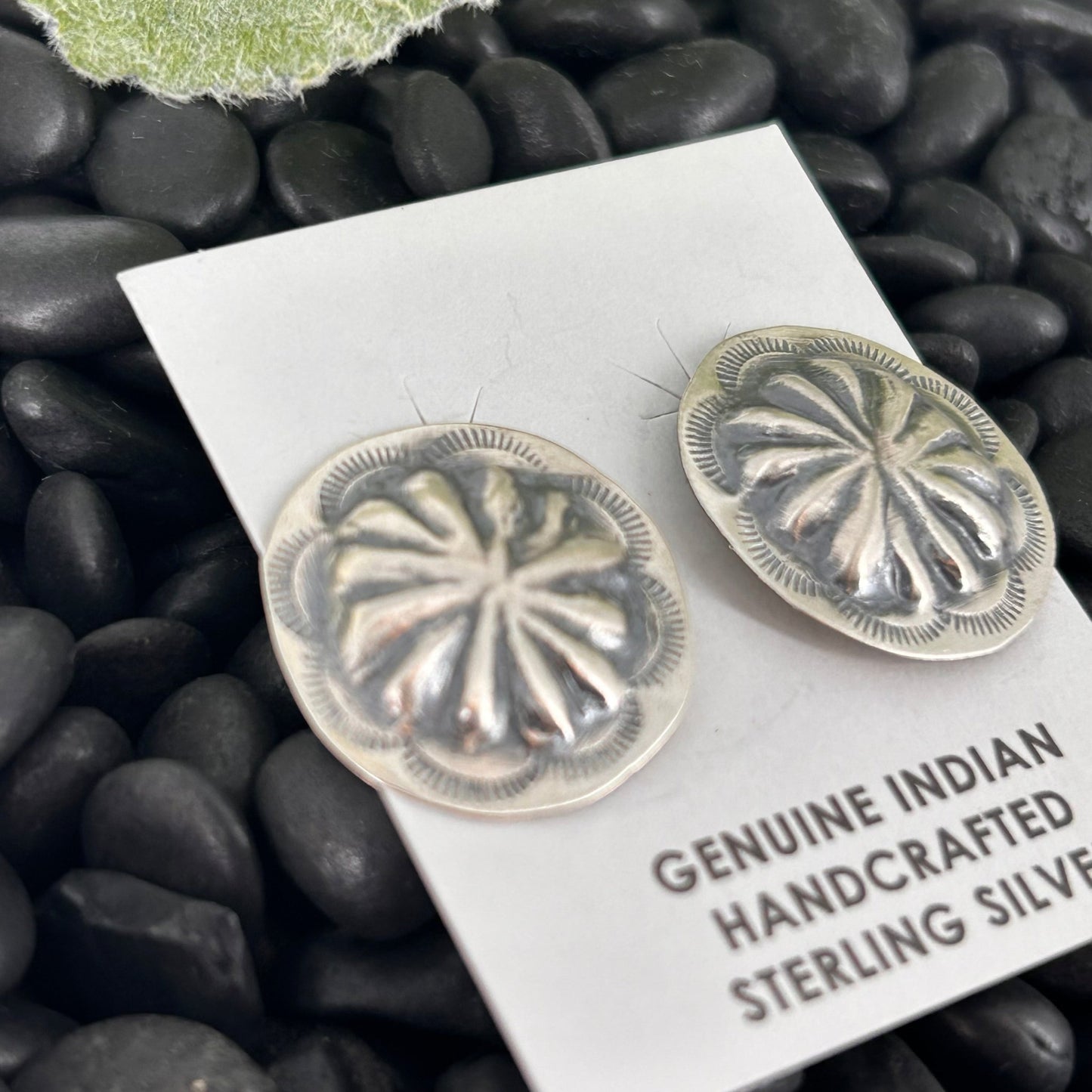 Navajo Sterling Silver Stamped Turtle Shell Design Earrings - Earrings - Joan Begay - Turquoise Sunset!