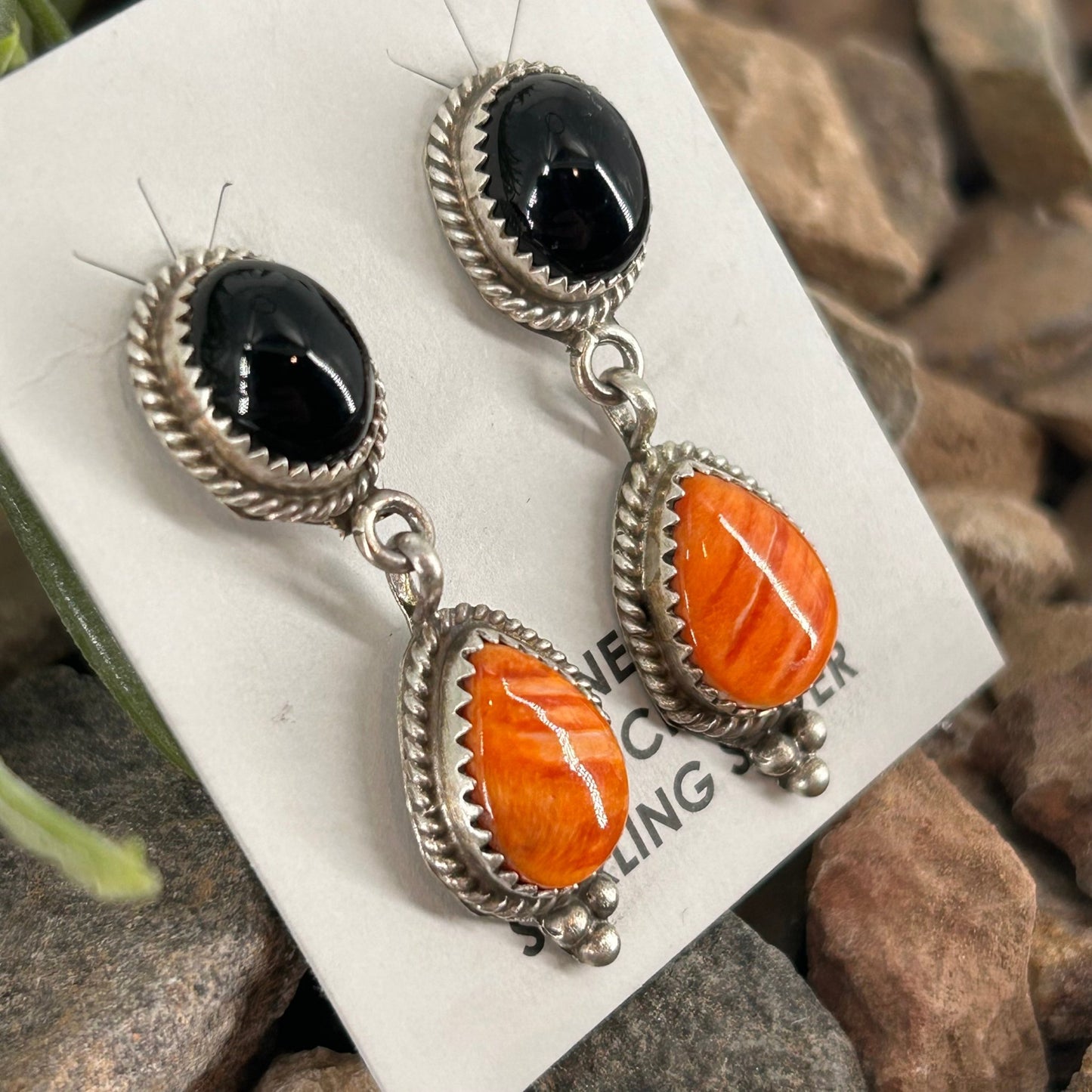 Navajo Sterling Spiny & Onyx Braided Dangle Earrings - Earrings - Theresa Smith - Turquoise Sunset!