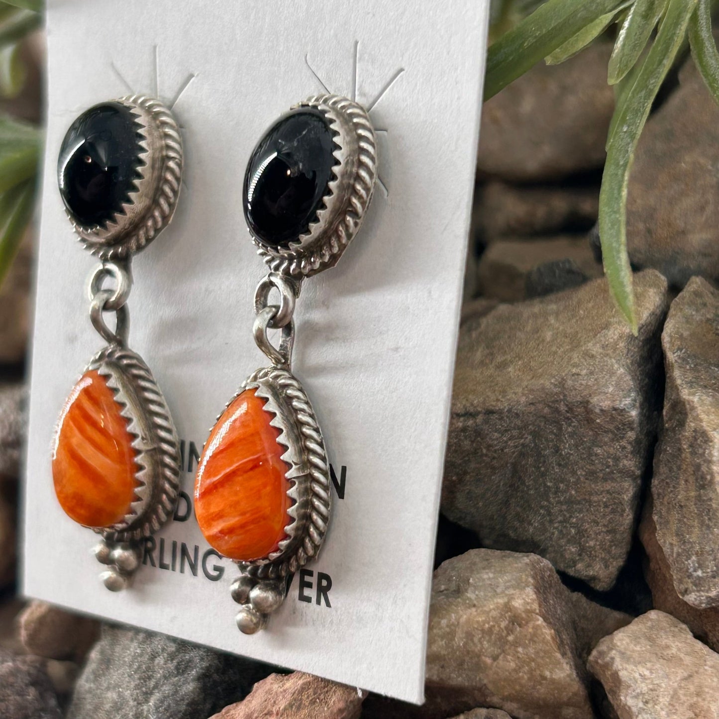 Navajo Sterling Spiny & Onyx Braided Dangle Earrings - Earrings - Theresa Smith - Turquoise Sunset!