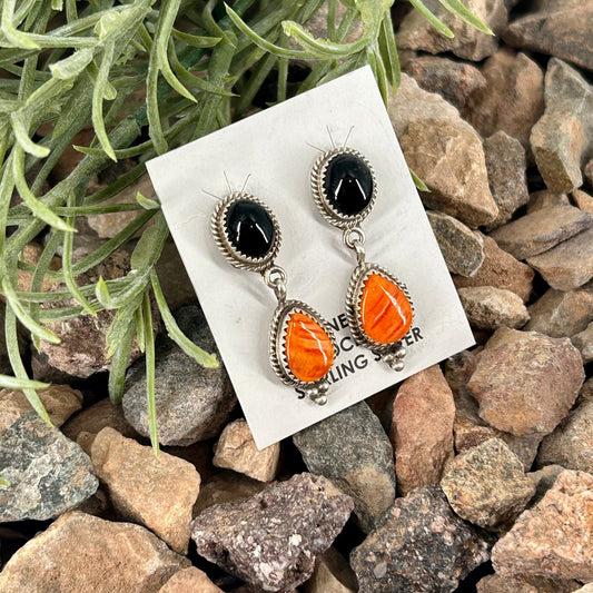 Navajo Sterling Spiny & Onyx Braided Dangle Earrings - Theresa Smith - Turquoise Sunset!