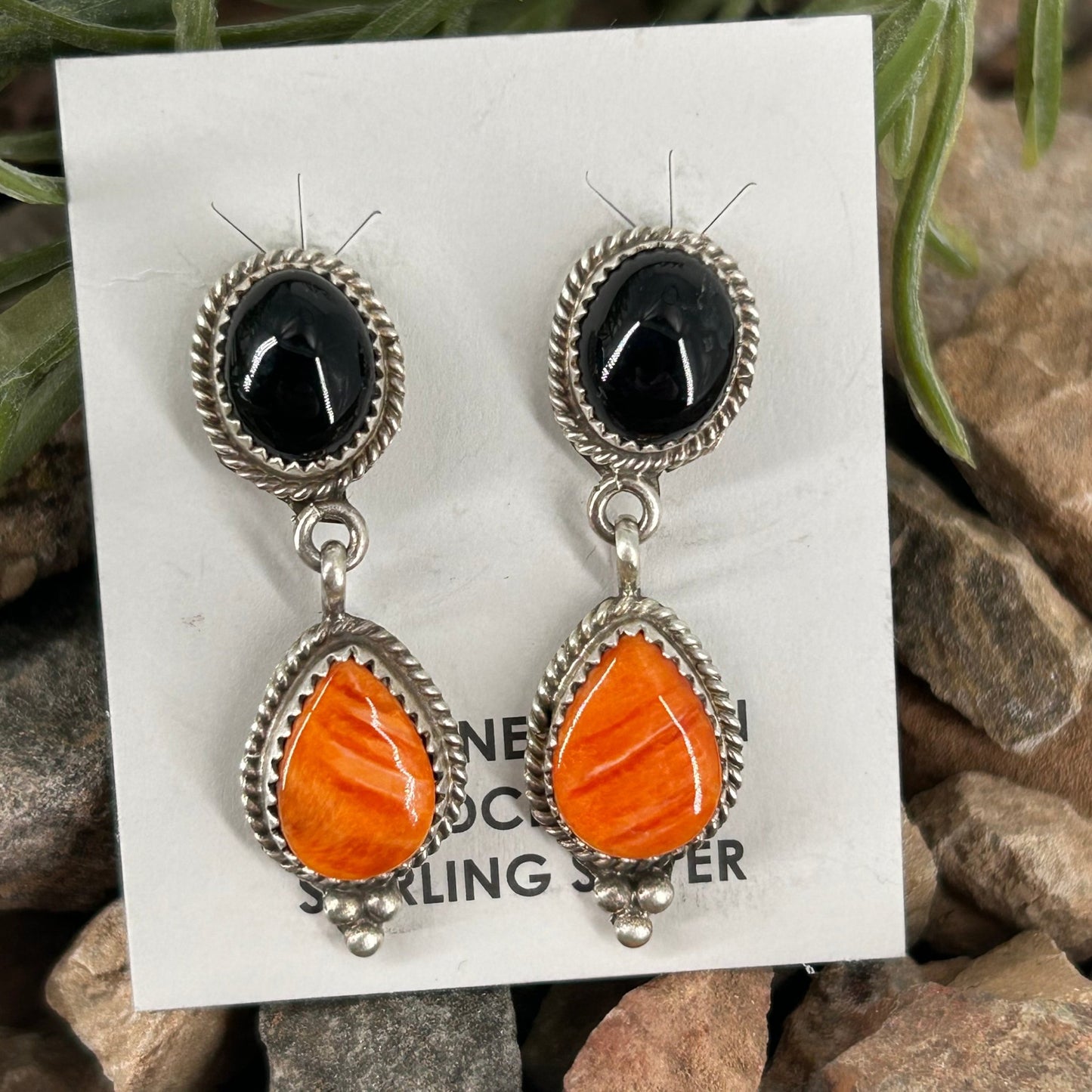 Navajo Sterling Spiny & Onyx Braided Dangle Earrings - Earrings - Theresa Smith - Turquoise Sunset!
