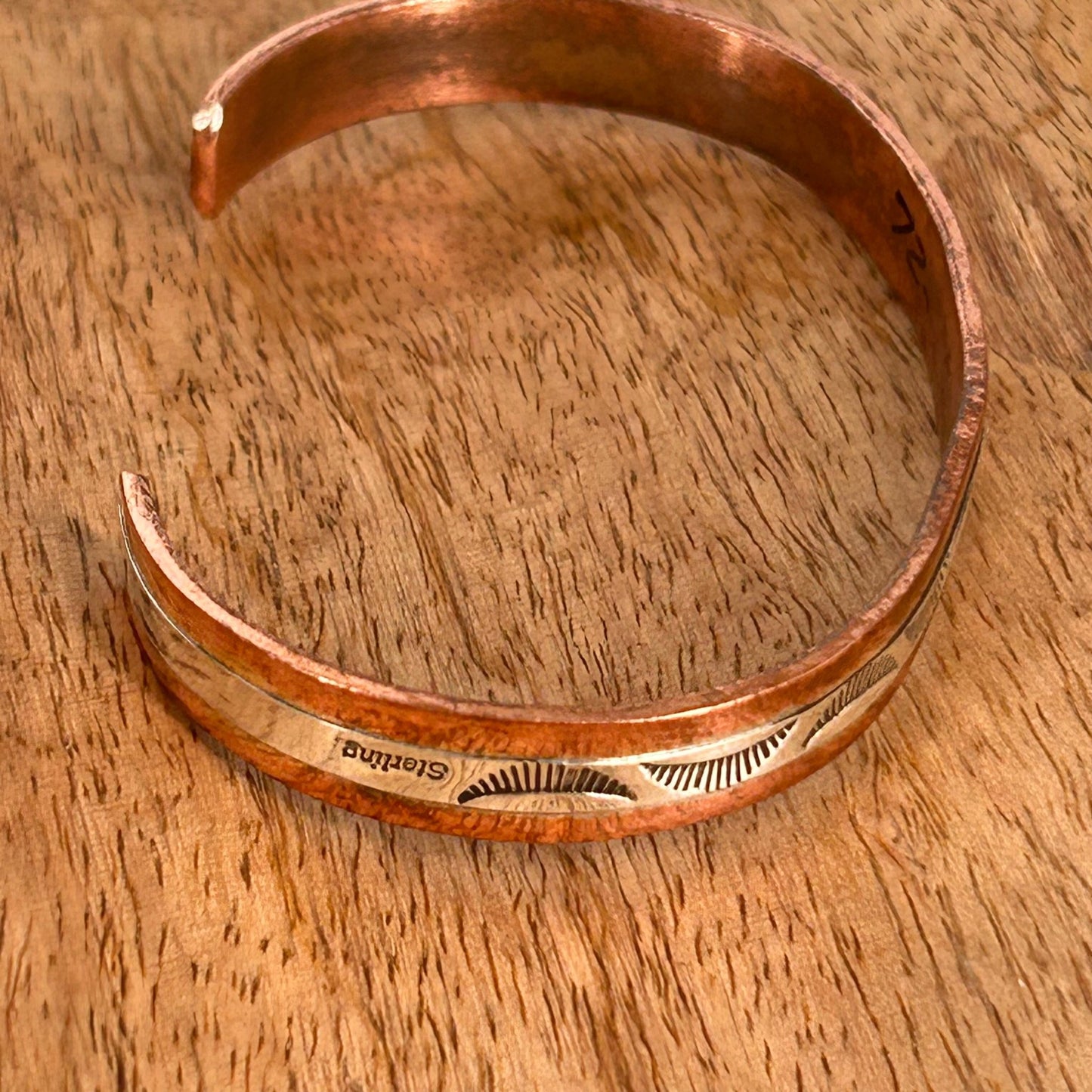Navajo Sterling Stamped Design Copper Trim Cuff Bracelet - Bracelets - Wylie Secatero - Turquoise Sunset!