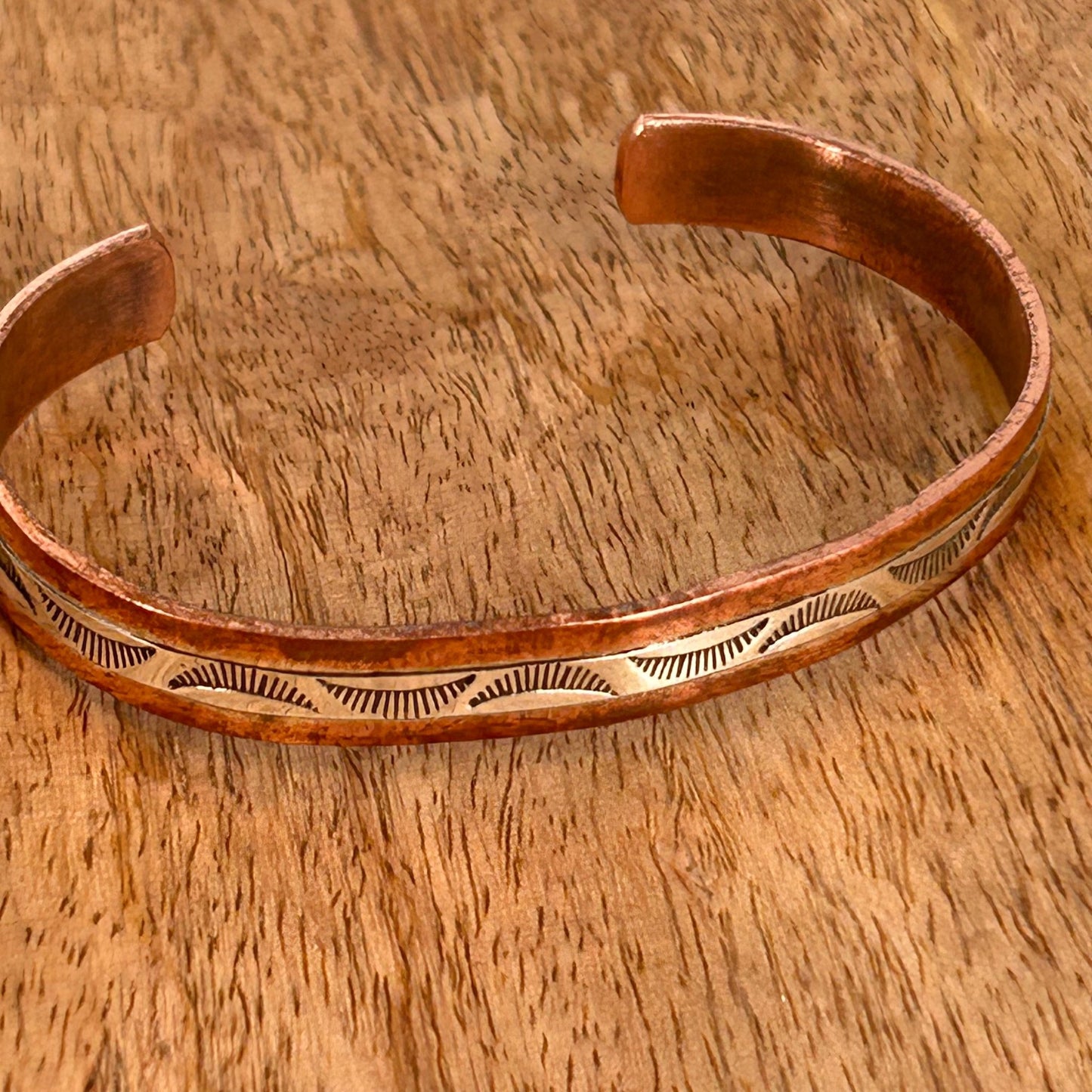 Navajo Sterling Stamped Design Copper Trim Cuff Bracelet - Bracelets - Wylie Secatero - Turquoise Sunset!