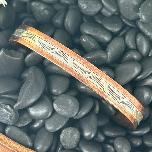 Navajo Sterling Stamped Design Copper Trim Cuff Bracelet - Wylie Secatero - Turquoise Sunset!