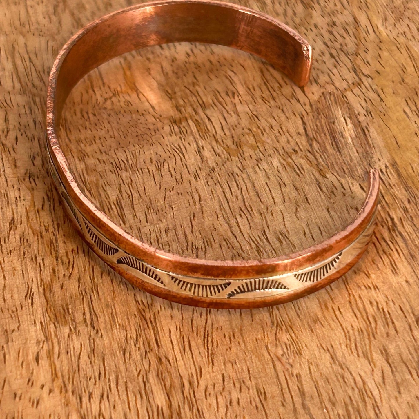 Navajo Sterling Stamped Design Copper Trim Cuff Bracelet - Bracelets - Wylie Secatero - Turquoise Sunset!