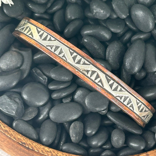 Navajo Sterling Stamped Design Copper Trim Cuff Bracelet - Wylie Secatoro - Turquoise Sunset!