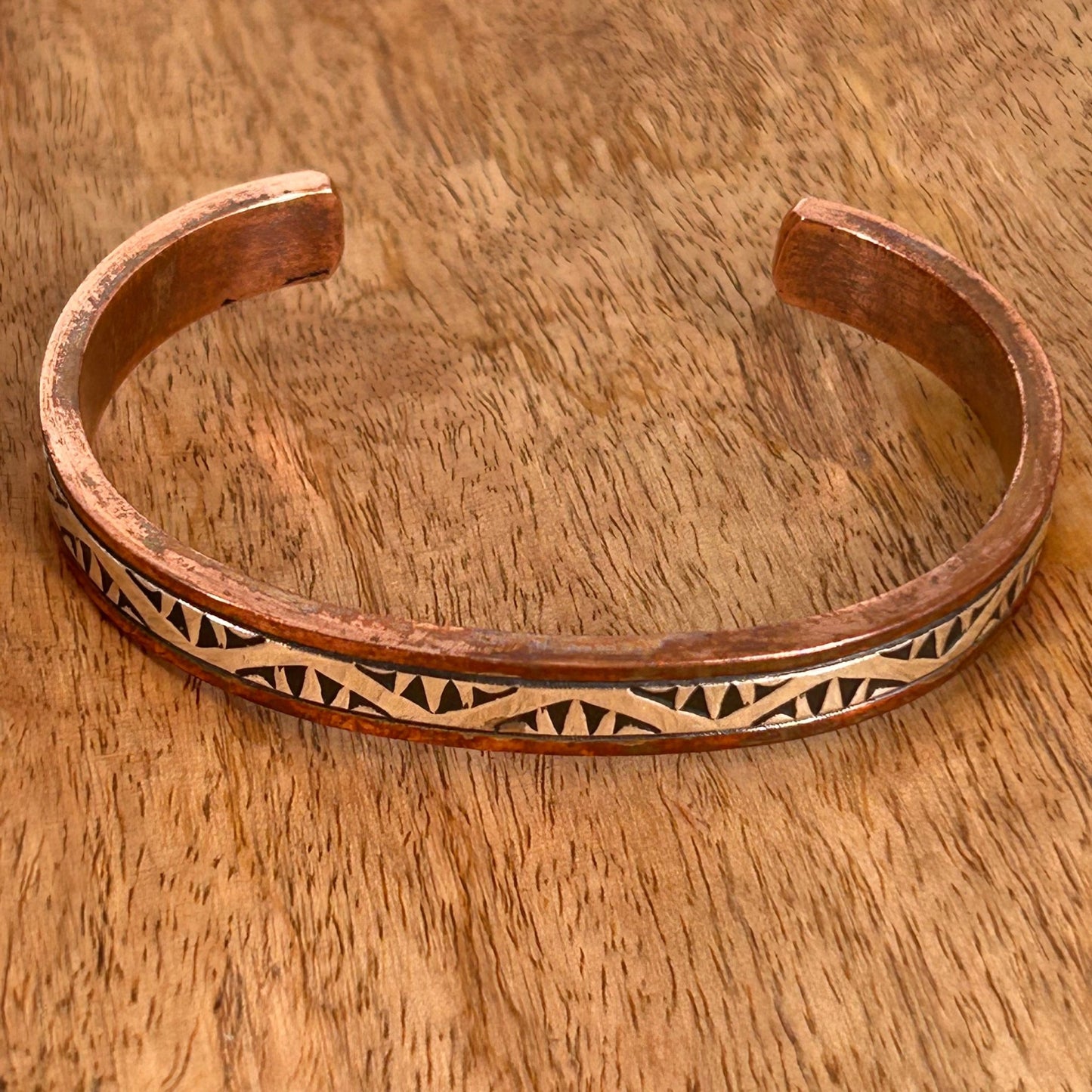 Navajo Sterling Stamped Design Copper Trim Cuff Bracelet - Bracelets - Wylie Secatoro - Turquoise Sunset!