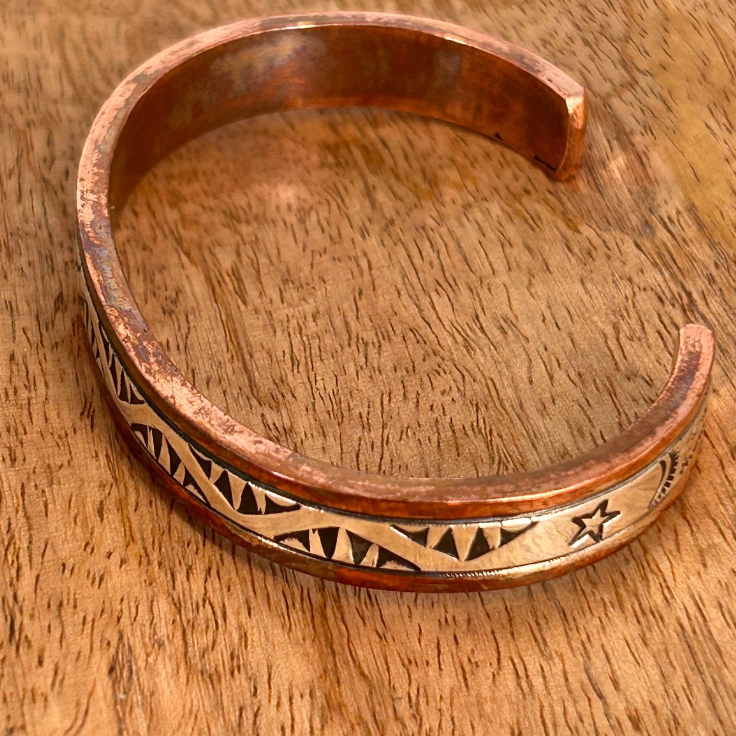 Navajo Sterling Stamped Design Copper Trim Cuff Bracelet - Bracelets - Wylie Secatoro - Turquoise Sunset!