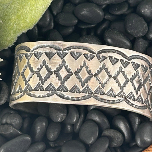 Navajo Sterling Stamped Design Heavy Cuff Bracelet - Stamped - Turquoise Sunset!