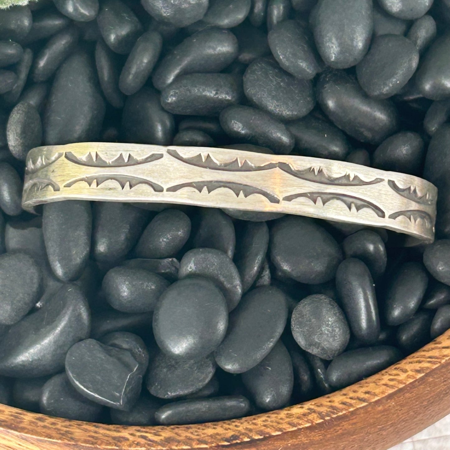 Navajo Sterling Stamped Design Slim Cuff Bracelet - Bracelets - Stamped - Turquoise Sunset!
