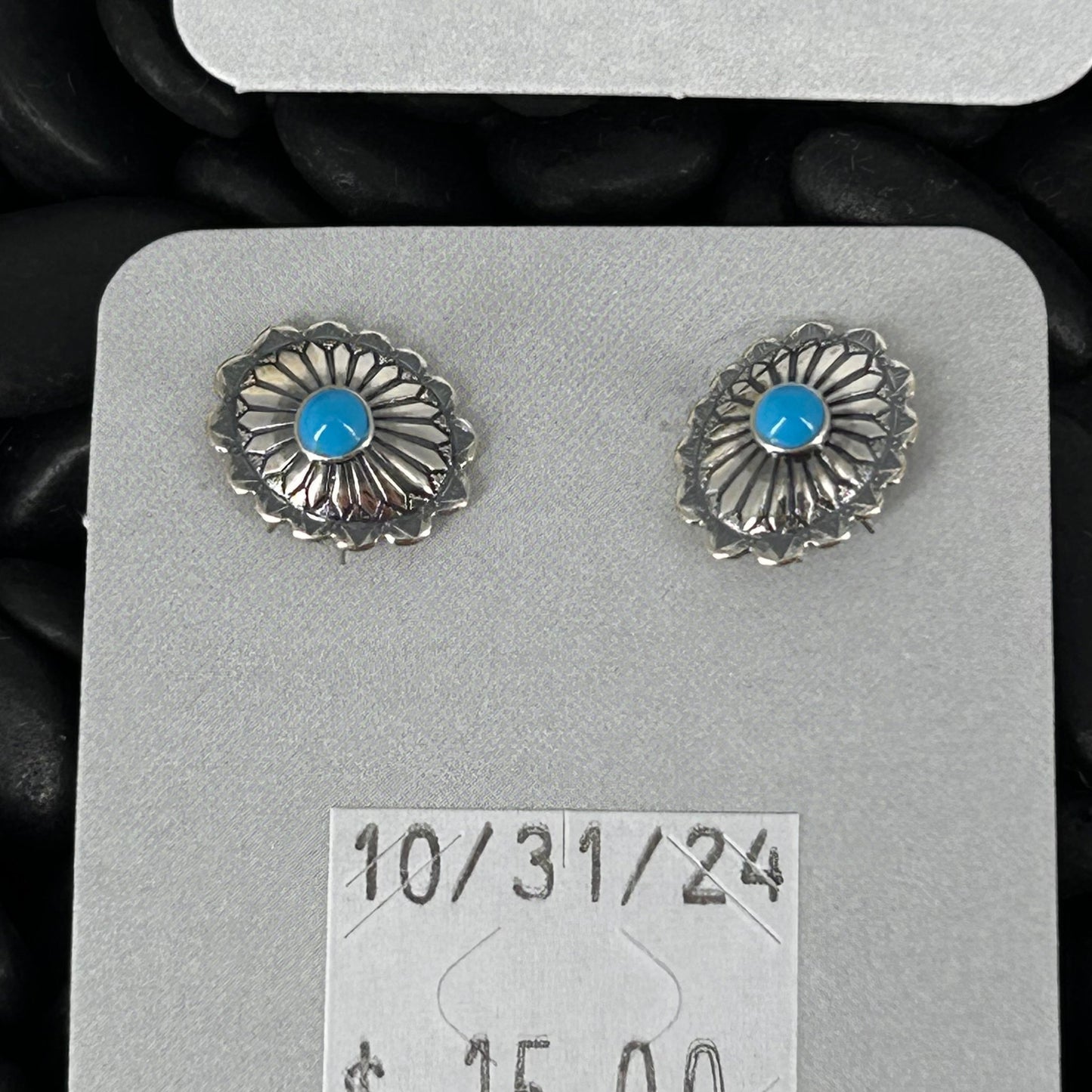 Sterling Stamped Flower Kingman Turquoise Earrings - Earrings - Stamped - Turquoise Sunset!