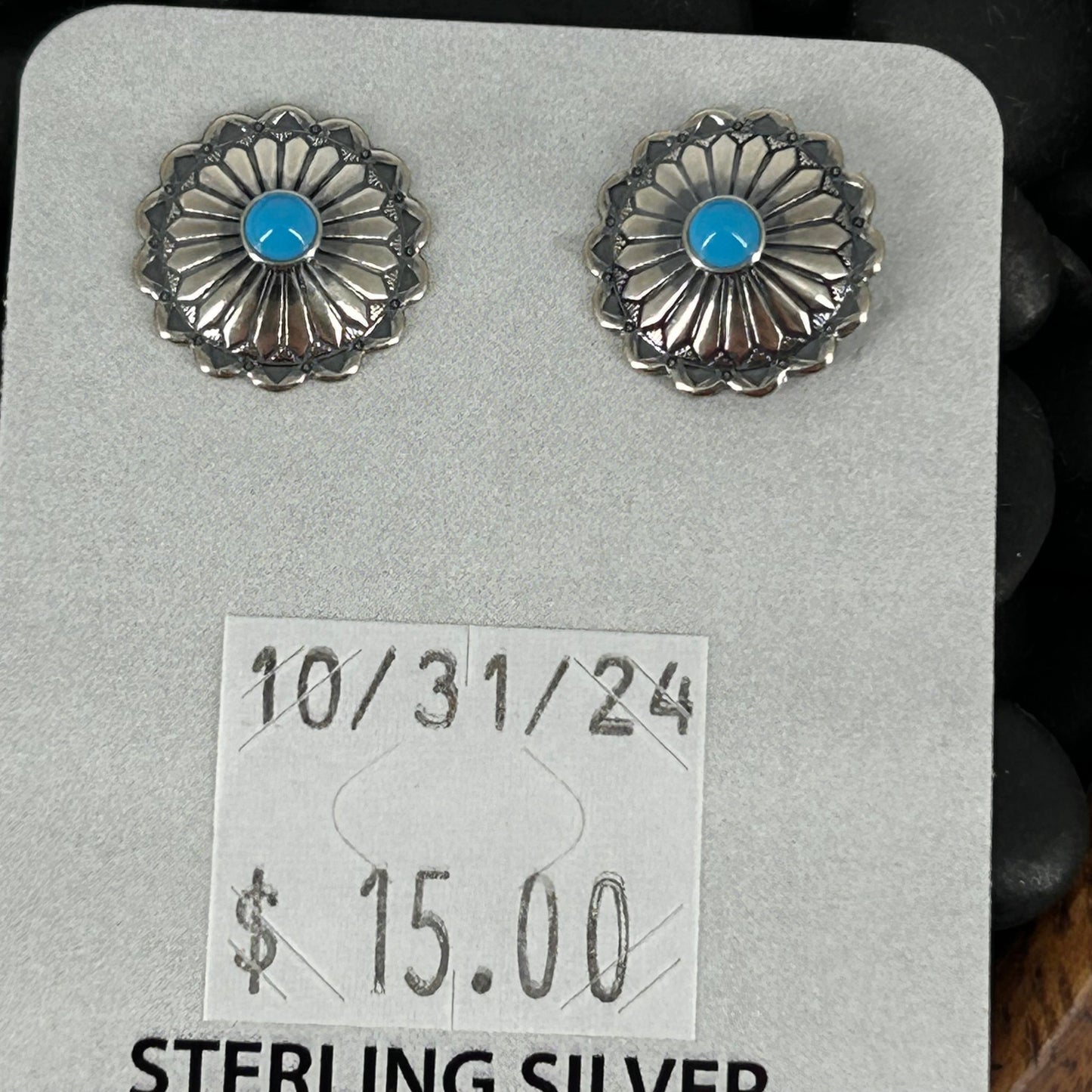 Sterling Stamped Flower Kingman Turquoise Earrings - Earrings - Stamped - Turquoise Sunset!