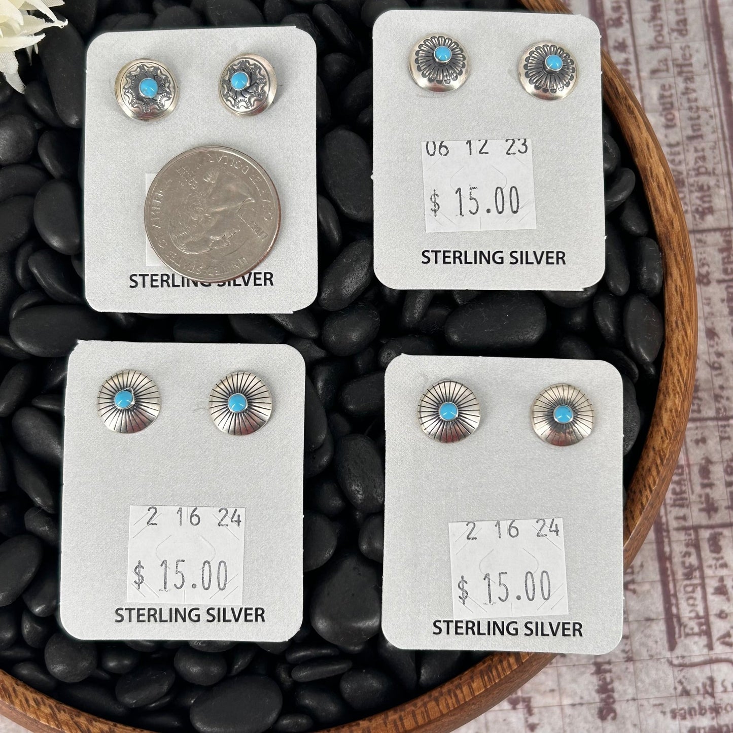Sterling Stamped Flower Kingman Turquoise Earrings - Earrings - Stamped - Turquoise Sunset!