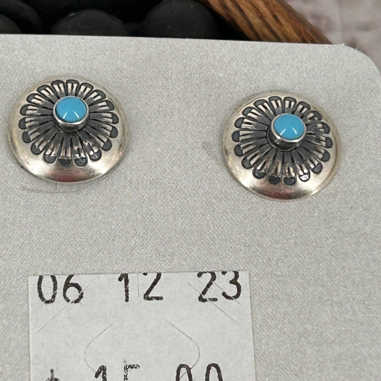 Sterling Stamped Flower Kingman Turquoise Earrings - Earrings - Stamped - Turquoise Sunset!