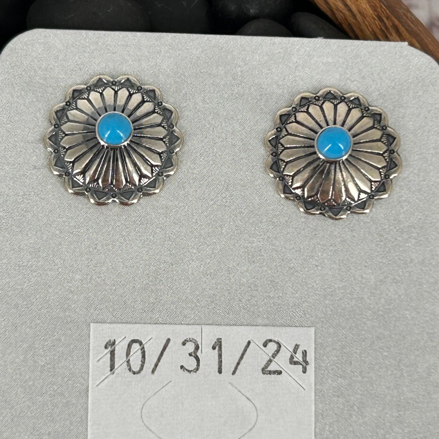 Sterling Stamped Flower Kingman Turquoise Earrings - Earrings - Stamped - Turquoise Sunset!