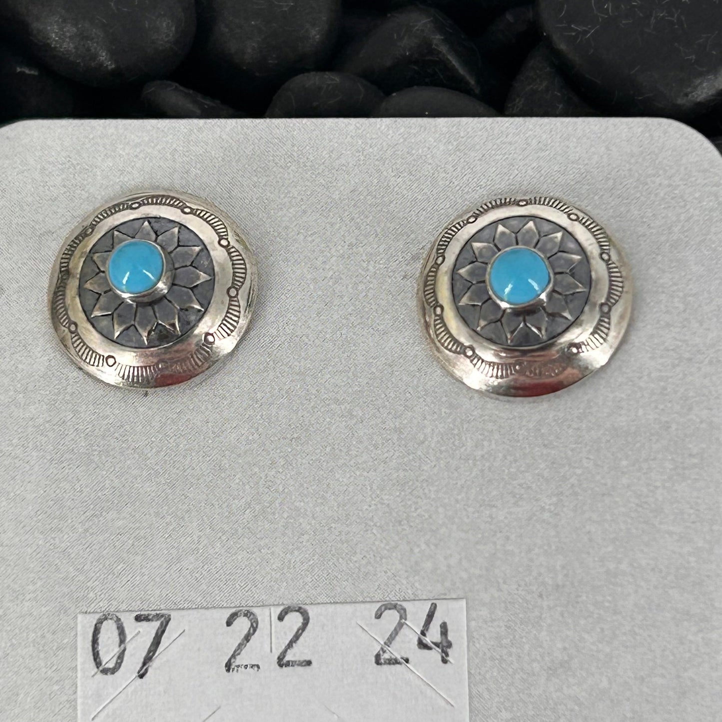 Sterling Stamped Flower Kingman Turquoise Earrings - Earrings - Stamped - Turquoise Sunset!