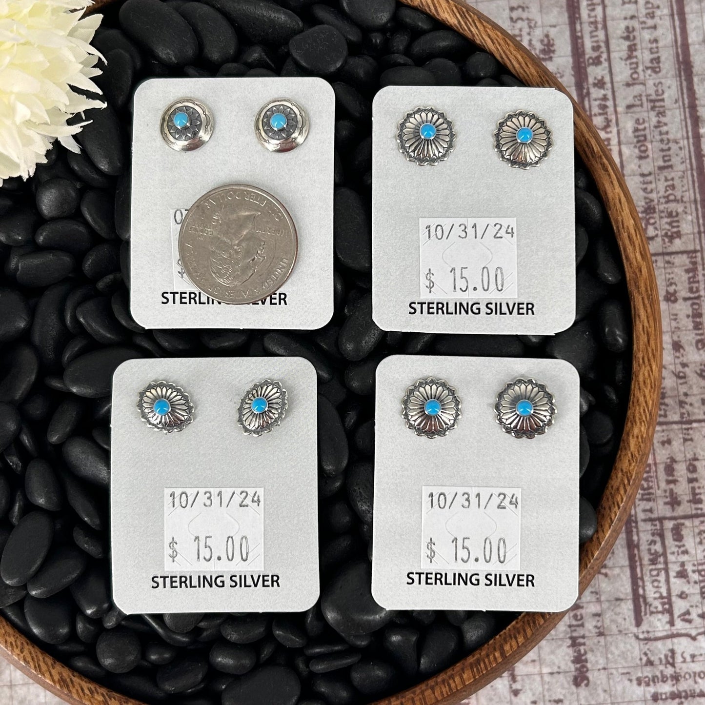 Sterling Stamped Flower Kingman Turquoise Earrings - Earrings - Stamped - Turquoise Sunset!