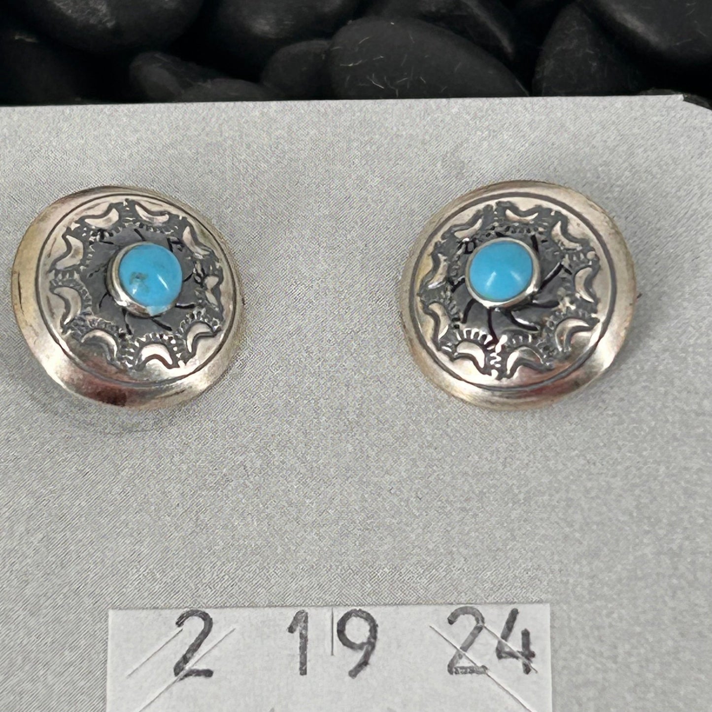 Sterling Stamped Flower Kingman Turquoise Earrings - Earrings - Stamped - Turquoise Sunset!