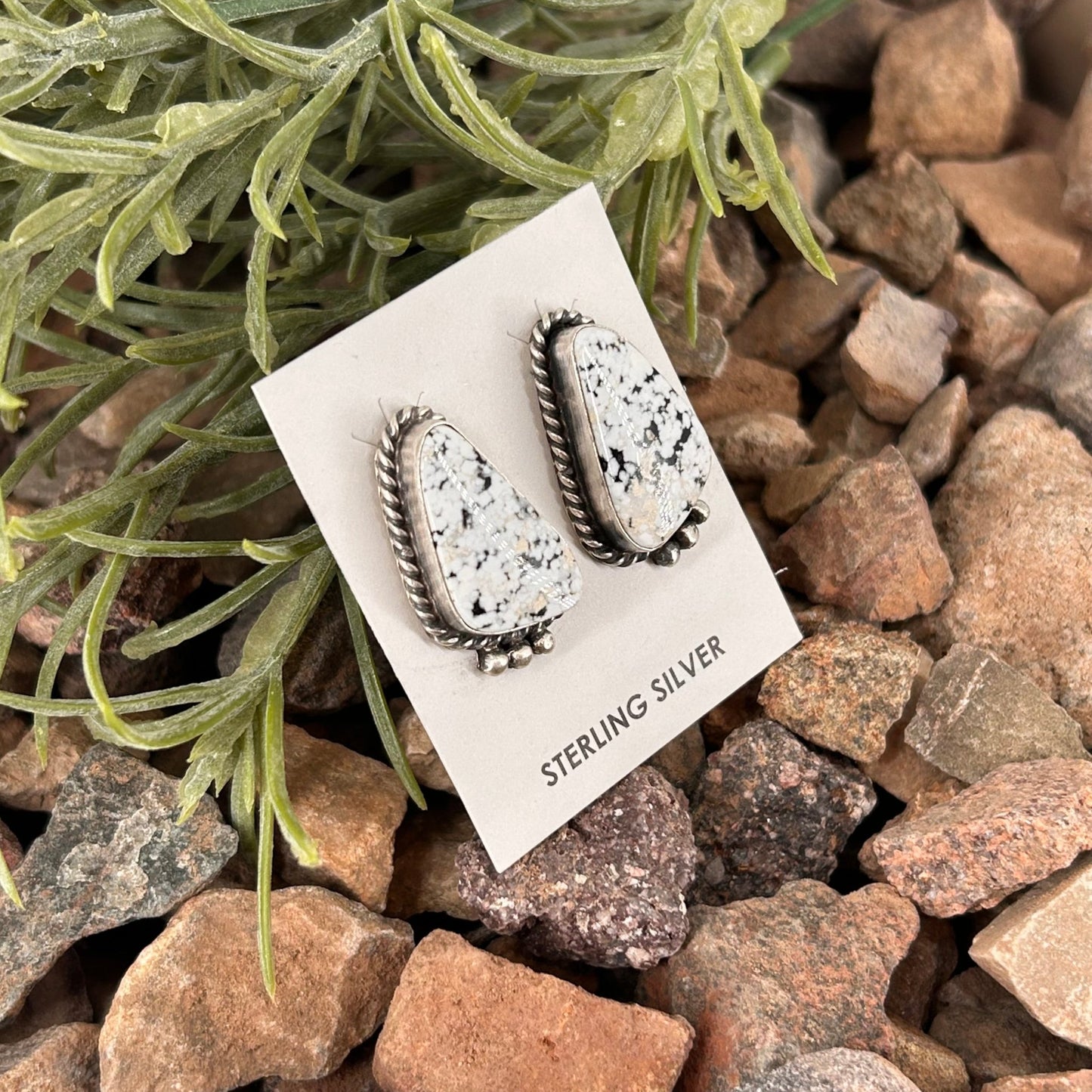 Navajo Sterling White Buffalo Speckled Braided Rope Trim Stud Earrings - Earrings - Judith Dixon - Turquoise Sunset!