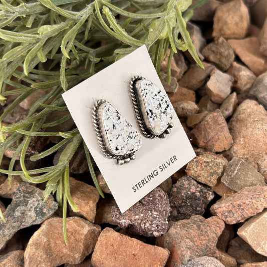 Navajo Sterling White Buffalo Speckled Braided Rope Trim Stud Earrings - Judith Dixon - Turquoise Sunset!