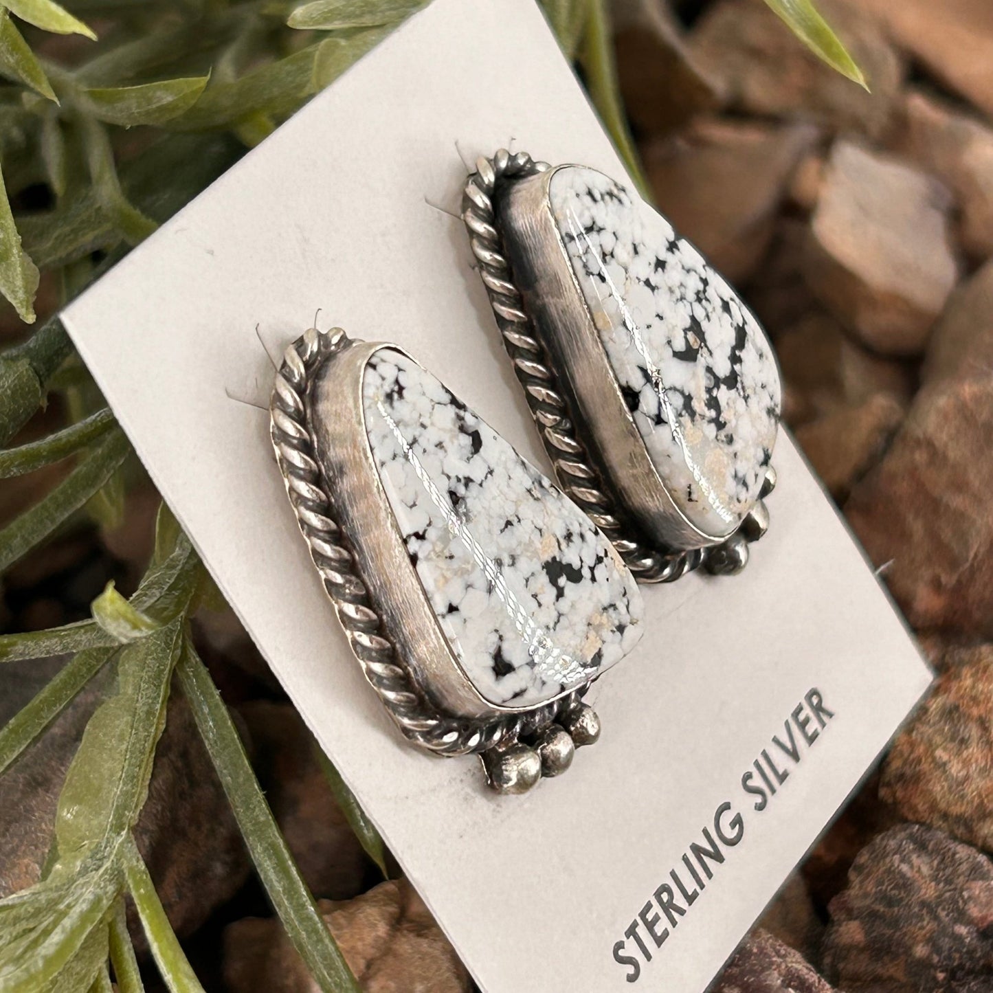 Navajo Sterling White Buffalo Speckled Braided Rope Trim Stud Earrings - Earrings - Judith Dixon - Turquoise Sunset!