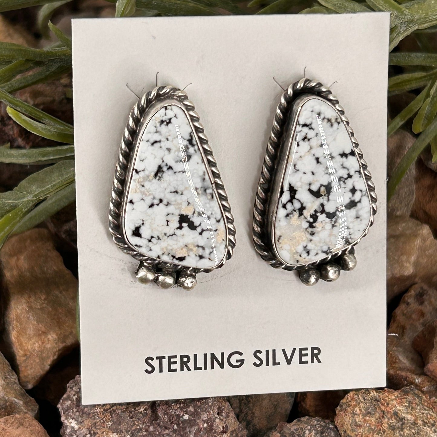 Navajo Sterling White Buffalo Speckled Braided Rope Trim Stud Earrings - Earrings - Judith Dixon - Turquoise Sunset!