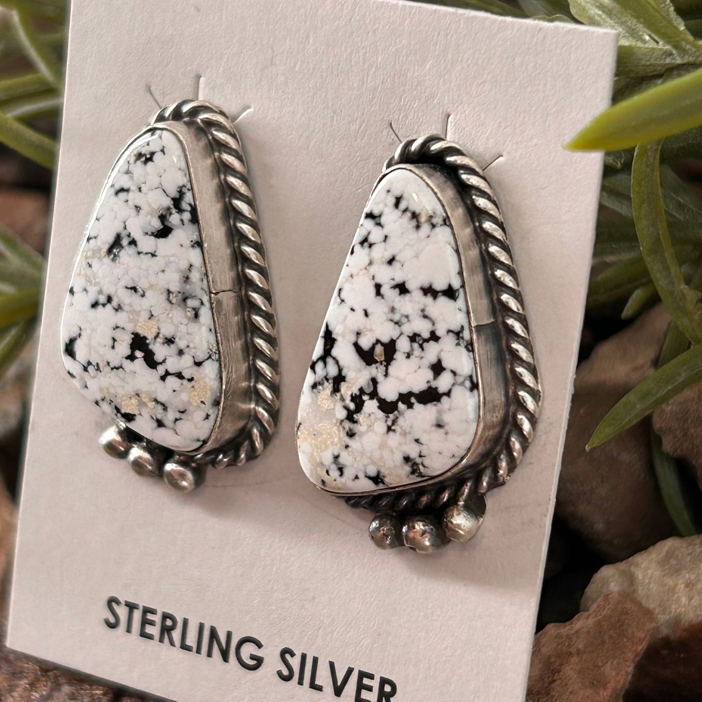 Navajo Sterling White Buffalo Speckled Braided Rope Trim Stud Earrings - Earrings - Judith Dixon - Turquoise Sunset!