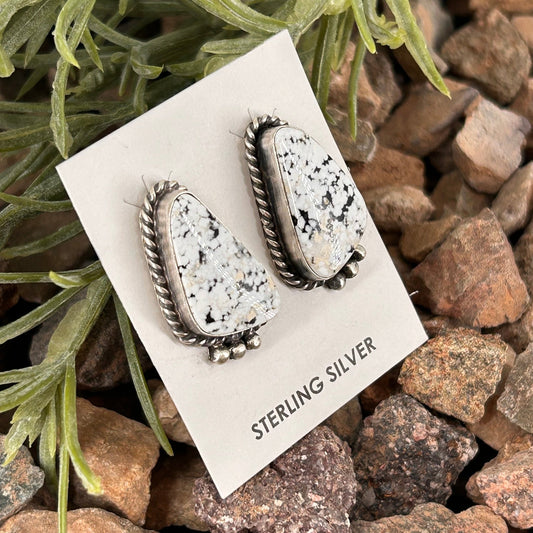 Navajo Sterling White Buffalo Speckled Braided Rope Trim Stud Earrings - Judith Dixon - Turquoise Sunset!