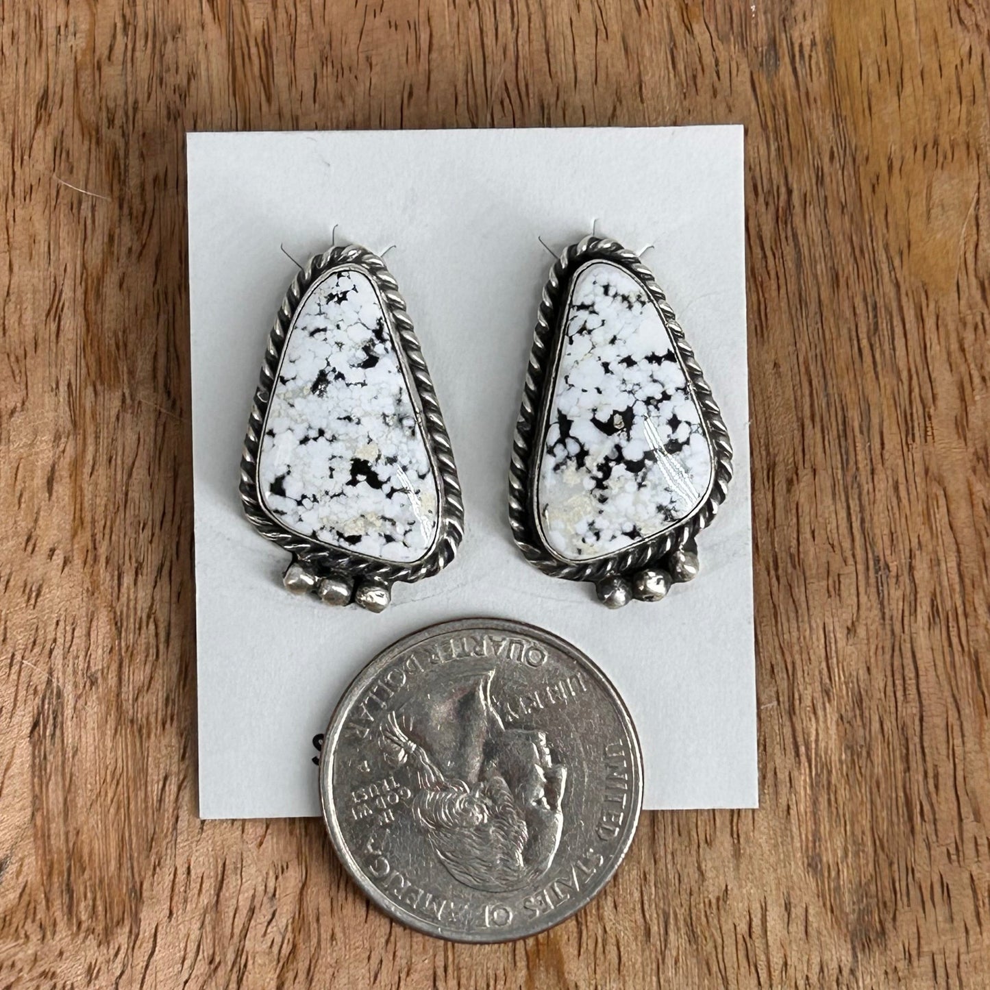 Navajo Sterling White Buffalo Speckled Braided Rope Trim Stud Earrings - Earrings - Judith Dixon - Turquoise Sunset!