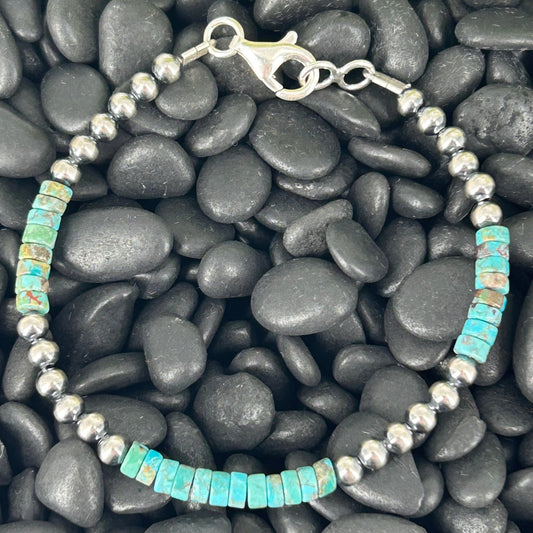 Sterling Pearl Bracelet 4mm w/ Kingman Turquoise Heishi Beads 7" - Stamped - Turquoise Sunset!