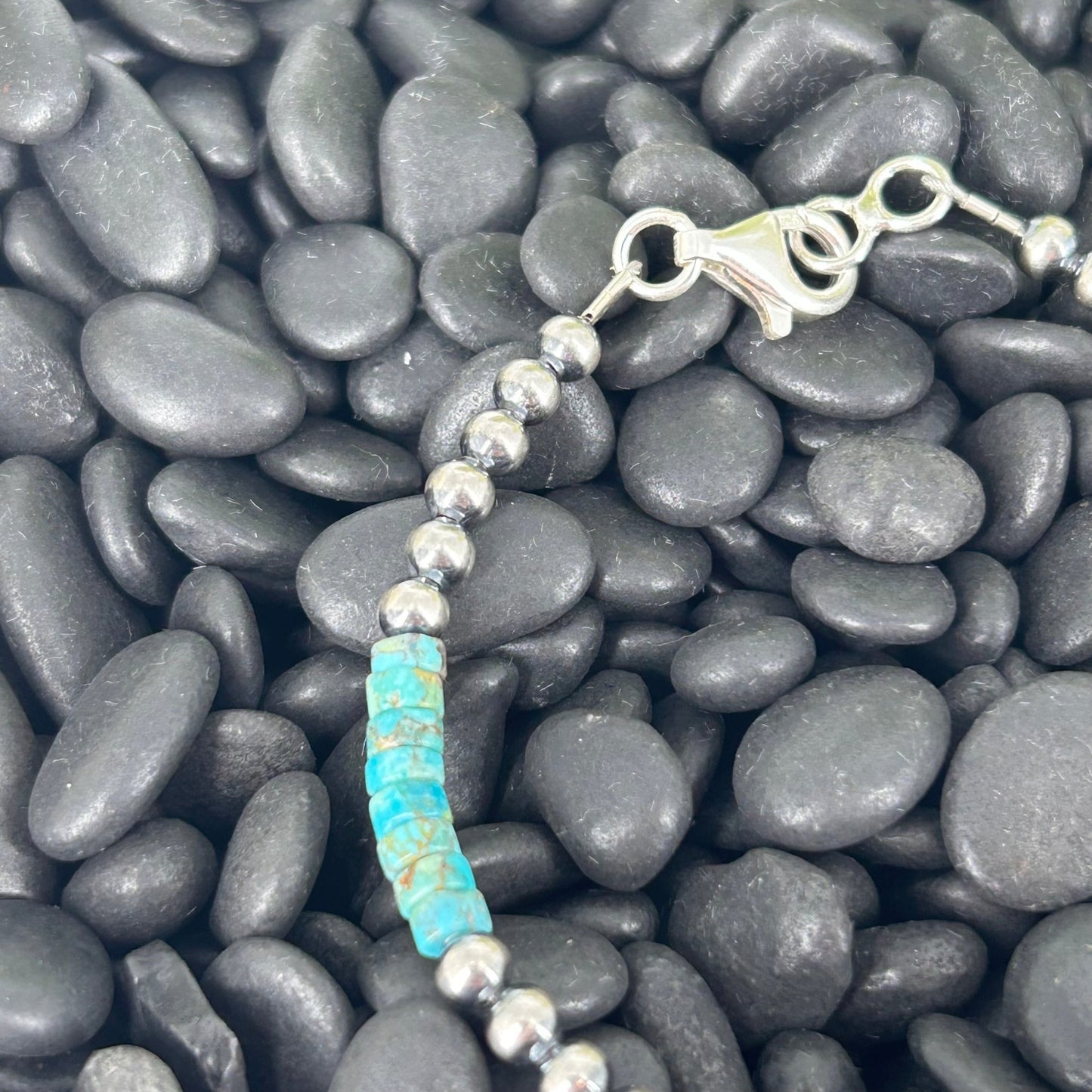 Sterling Pearls Bracelet 4mm w/ Kingman Turquoise Heishi Beads 7" - Bracelets - Stamped - Turquoise Sunset!