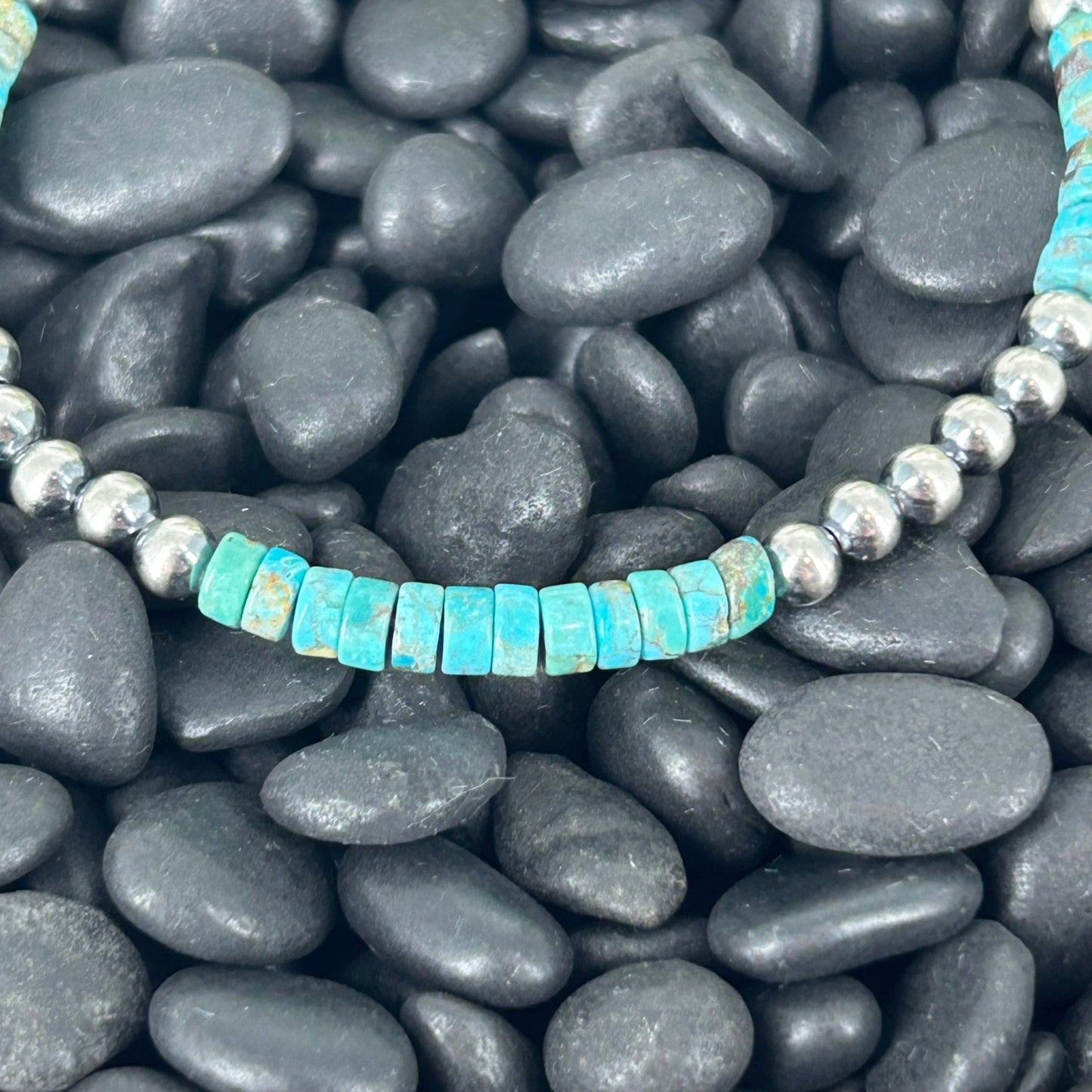 Sterling Pearl Bracelet 4mm w/ Kingman Turquoise Heishi Beads 7" - Stamped - Turquoise Sunset!
