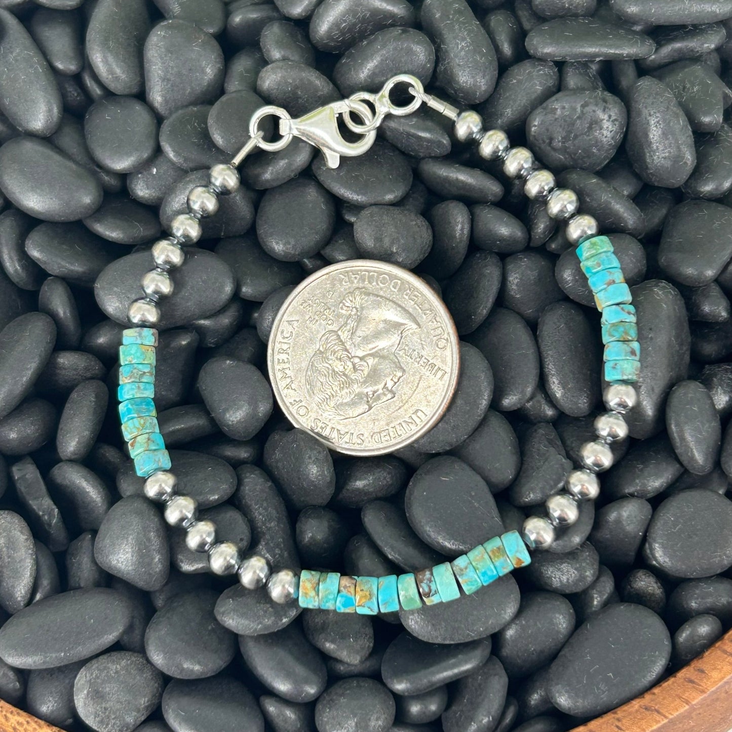 Sterling Pearls Bracelet 4mm w/ Kingman Turquoise Heishi Beads 7" - Stamped - Turquoise Sunset!