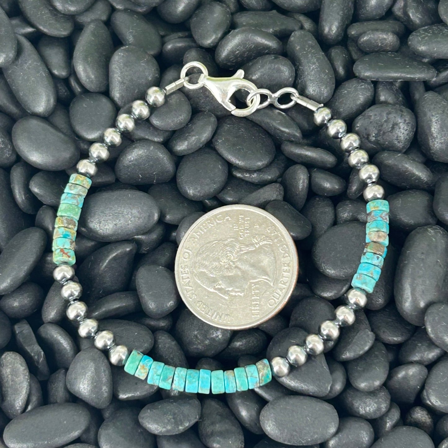Sterling Pearl Bracelet 4mm w/ Kingman Turquoise Heishi Beads 7" - Stamped - Turquoise Sunset!