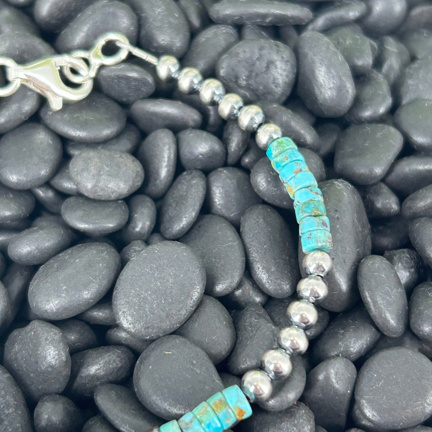Sterling Pearls Bracelet 4mm w/ Kingman Turquoise Heishi Beads 7" - Bracelets - Stamped - Turquoise Sunset!