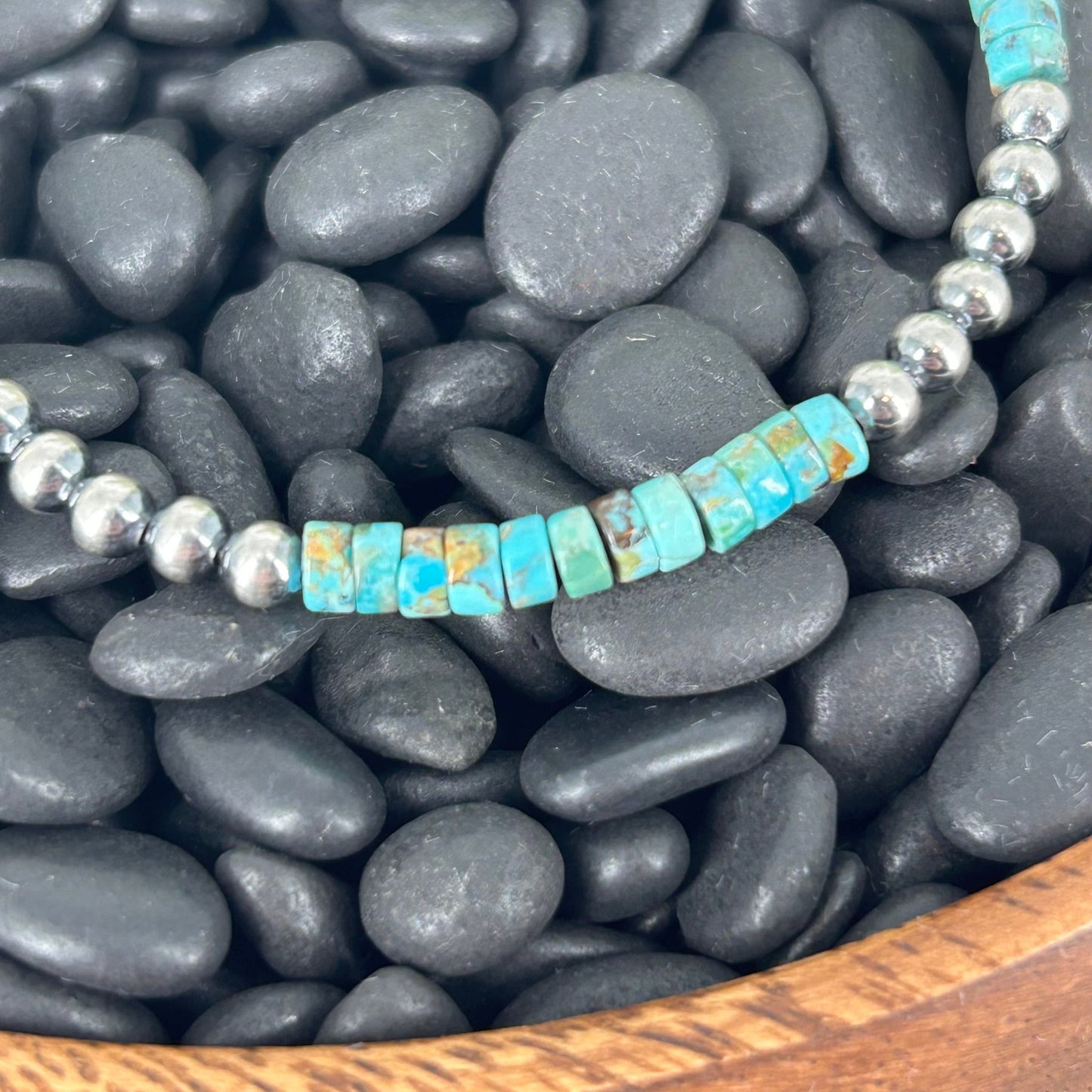 Sterling Pearls Bracelet 4mm w/ Kingman Turquoise Heishi Beads 7" - Bracelets - Stamped - Turquoise Sunset!