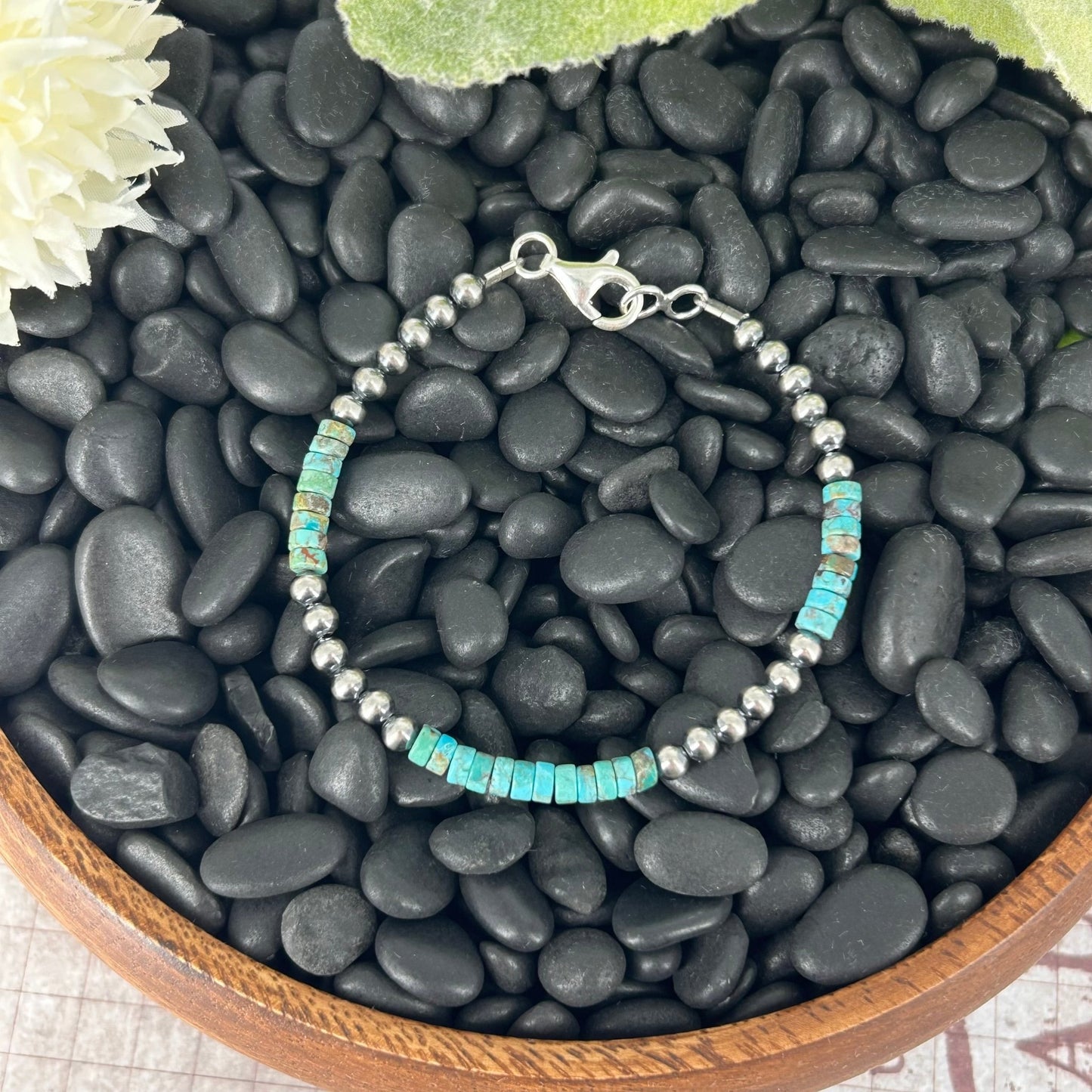 Sterling Pearl Bracelet 4mm w/ Kingman Turquoise Heishi Beads 7" - Stamped - Turquoise Sunset!