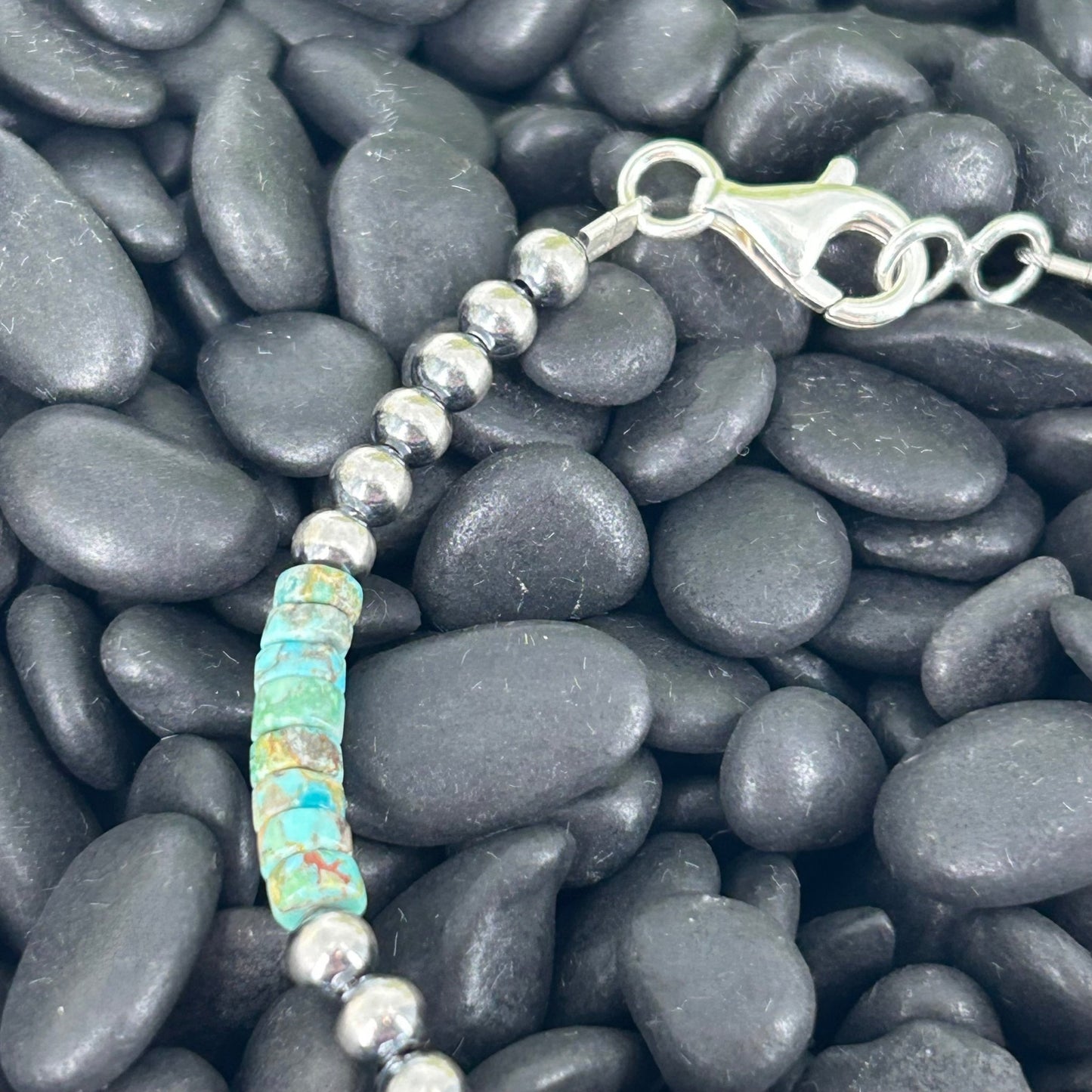 Sterling Pearl Bracelet 4mm w/ Kingman Turquoise Heishi Beads 7" - Stamped - Turquoise Sunset!