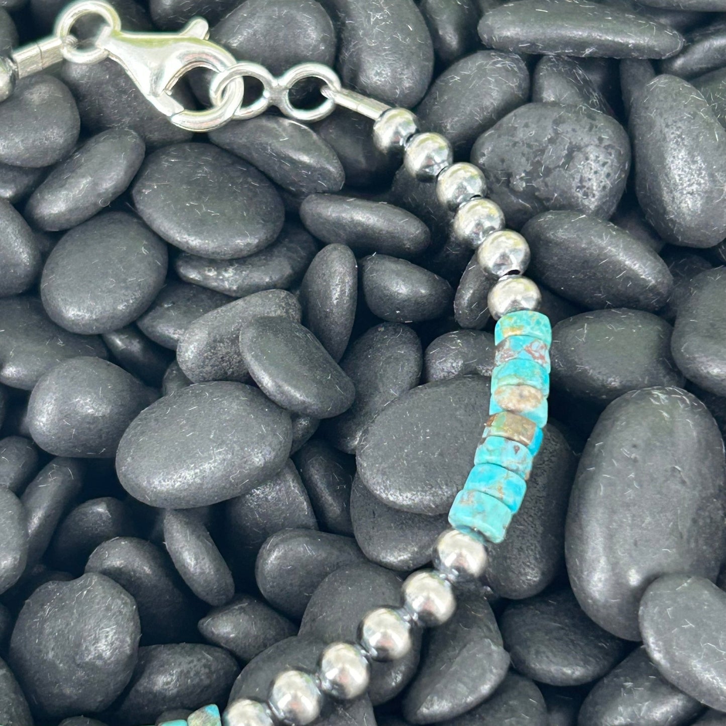 Sterling Pearl Bracelet 4mm w/ Kingman Turquoise Heishi Beads 7" - Stamped - Turquoise Sunset!