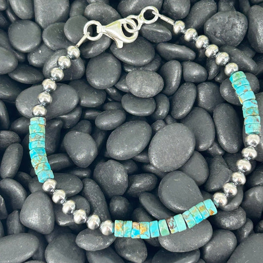 Sterling Pearls Bracelet 4mm w/ Kingman Turquoise Heishi Beads 7" - Stamped - Turquoise Sunset!
